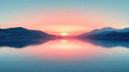 Obraz premium Serene sunset over calm lake reflecting mountains.