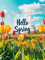 Gordijnen Hello Spring text amidst brightly colored tulips and flowers stretch across a lush green field under a clear blue sky © STOCK IMAGES STALL