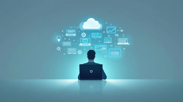 Man using cloud computing technology with laptop, data, and graphs. - Powered by Adobe