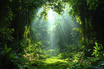 Fototapeta premium Sunbeams illuminate lush jungle path with butterflies, moss, plants