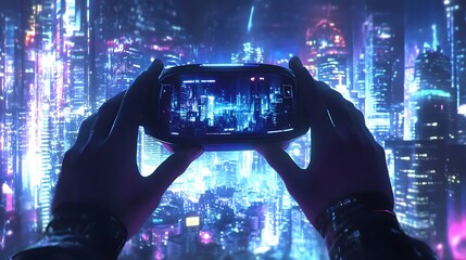 Hands holding VR headset with a futuristic cityscape in the background 