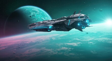 Fototapeta premium A futuristic spaceship hovering above a distant planet, A mysterious futuristic spacecraft hovers above a distant alien planet its glowing energy core puls