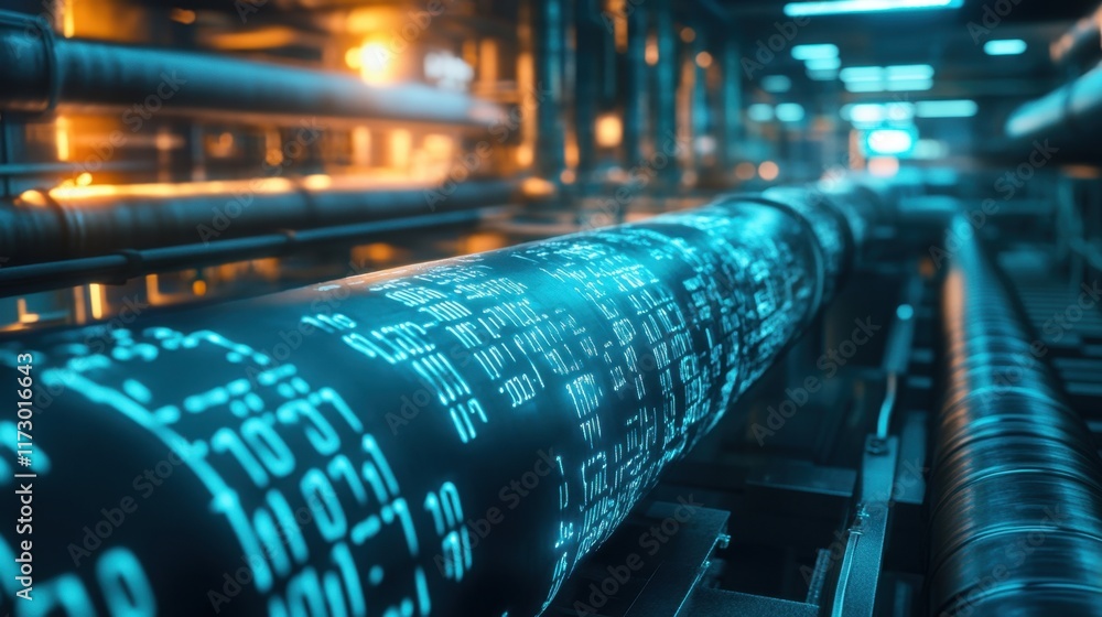 Poster futuristic data pipeline with glowing code and industrial background