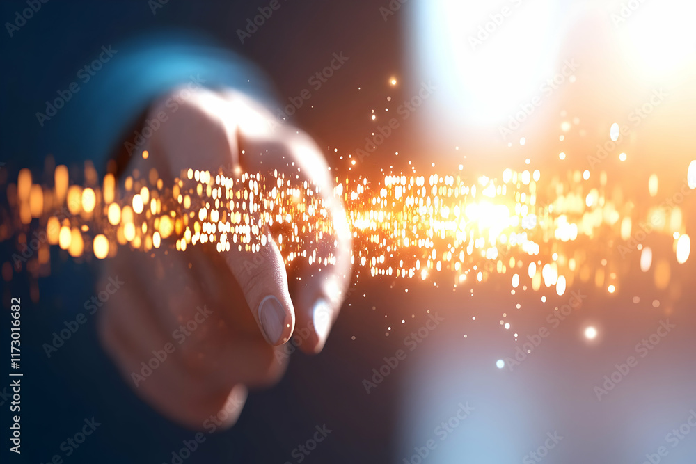 Poster hand pointing at glowing digital data stream; futuristic technology concept; ideal for websites and 