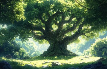 Fototapeta premium Majestic oak tree with entwined branches under lush green canopy