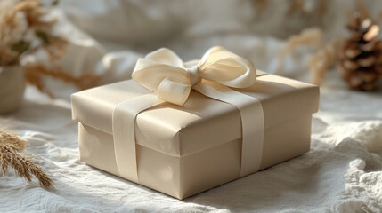 Beige gift box with ribbon on linen, cozy home decor background, holiday/birthday present