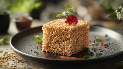 Noodle sculpture on modern art plate for culinary appreciation