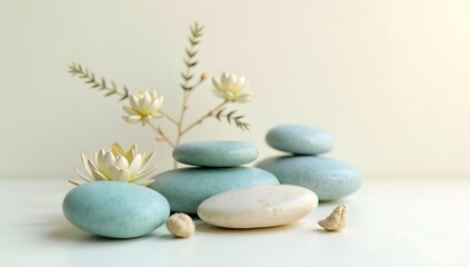 White zen stones stacked in balance with a delicate flower, symbolizing harmony and wellness in natureWhite zen stones stacked in balance with a delicate flower, symbolizing harmony and wellness 