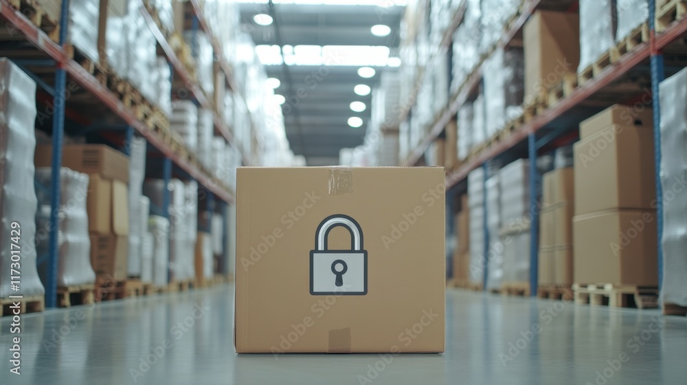 Poster secure package with lock symbol in modern warehouse environment