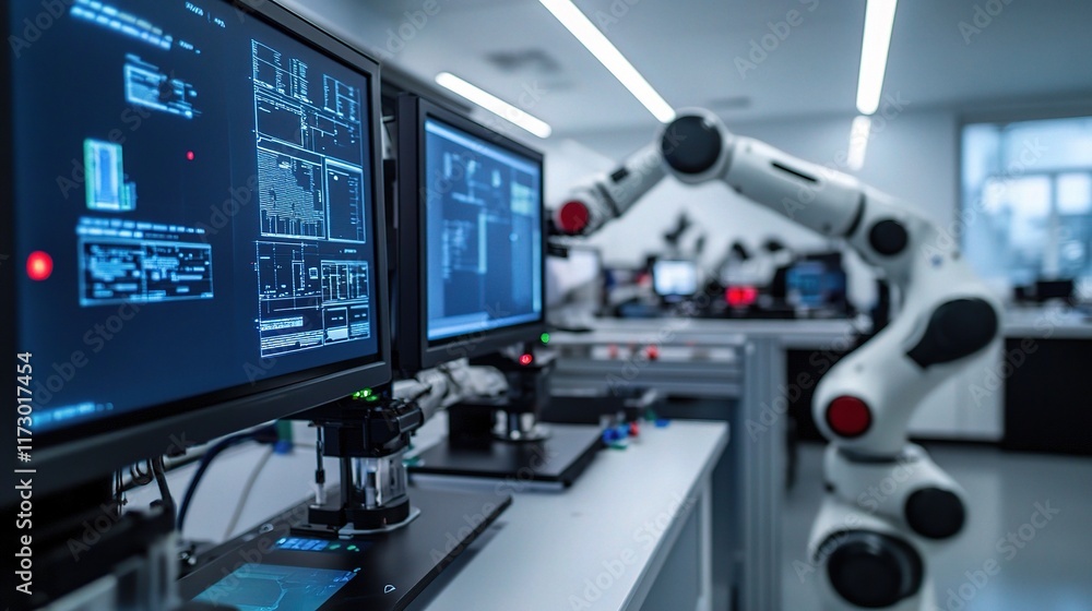 Poster advanced robotics lab featuring mechanical arm and high-tech displays