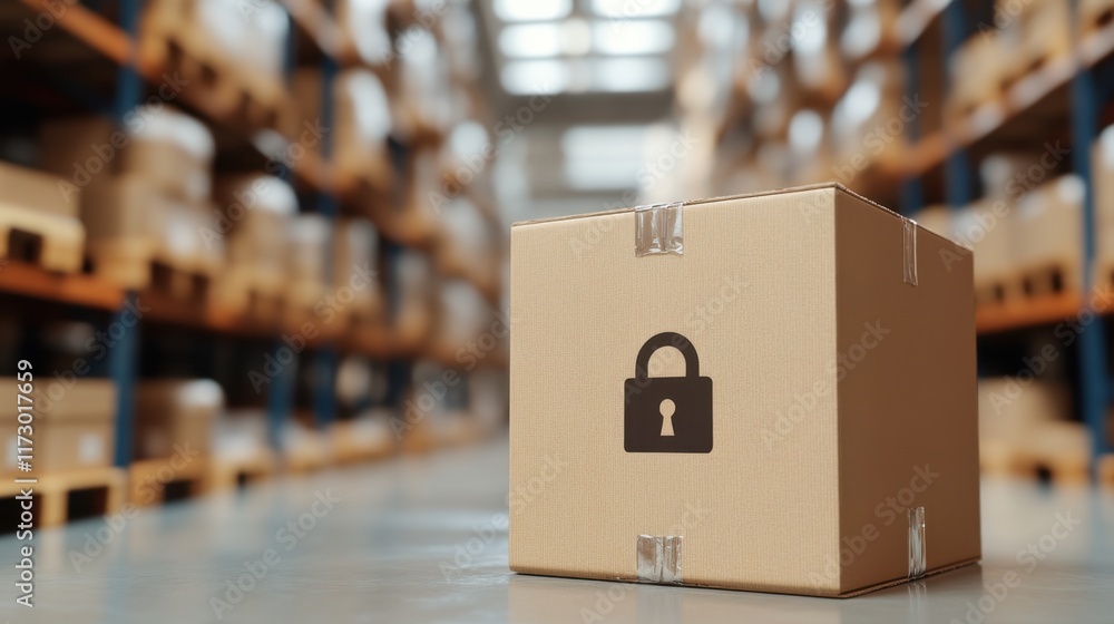 Poster secure delivery package with padlock icon in warehouse setting