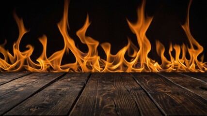 Burning wooden logs with vibrant flames and curling smoke, set on a rustic wooden table perfect for cozy, campfire, countryside themed visuals and storytelling.