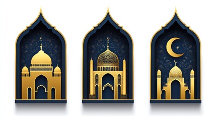Obraz premium Set of three golden mosques in ornate arches.