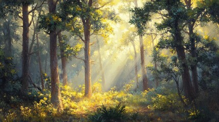 Obraz premium A serene forest landscape with golden sunlight filtering through the treetops, creating a tranquil ambiance