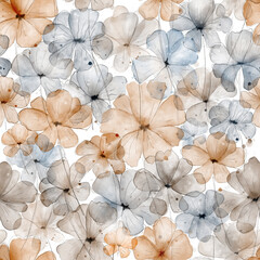 A seamless pattern made from hand drawed watercolor wildflowers in muted colors such as orange, brown and light blue