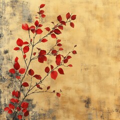 Naklejka premium Elegant Frame Decor Featuring Red Leaf Branch on Textured Gold Background for Creative Projects on Easter and Seasonal Themes