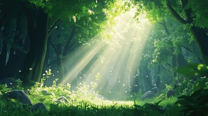 A tranquil forest scene with sunlight filtering through the dense greenery, casting a golden glow