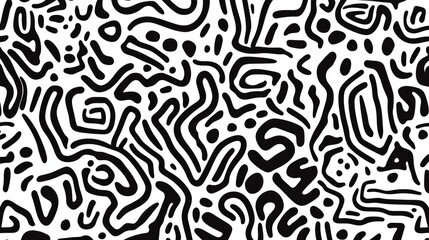 Hand drawn fun playful trendy childish squiggly doodle drawing line art pattern. Seamless abstract chaotic ink pen or marker scribble texture backdrop. Bold black lines