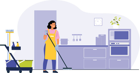 A vector illustration of housekeeping and maintenance, featuring cleaning staff performing tasks such as dusting, mopping, and organizing spaces