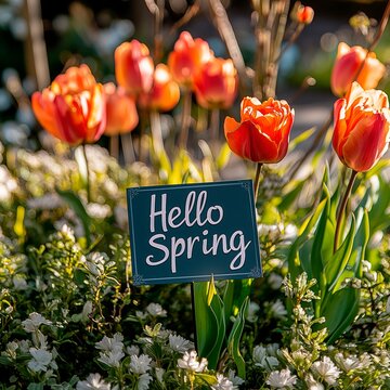 Hello Spring card stands among bright tulips blossom, welcoming the season of spring with their vivid colors