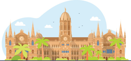 An illustration of Mumbai's heritage, showcasing iconic landmarks like the Gateway of India, Chhatrapati Shivaji Maharaj Terminus, and colonial-era architecture.
