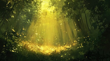 A lush green forest bathed in golden hues, with sunlight streaming through the canopy in a soft, tranquil glow