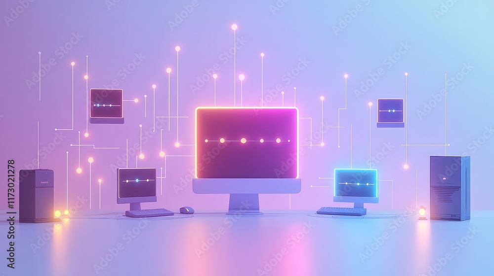 Poster networked computers glowing in neon light.