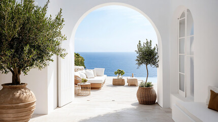 Archway view of ocean, patio furniture, potted olive trees.