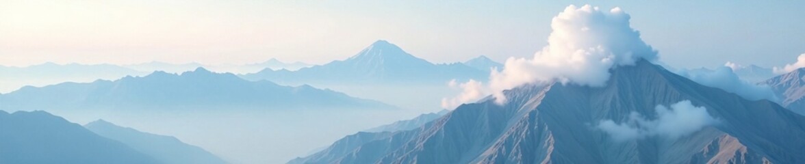 Soft white clouds hang suspended above the mountain peak, mist clouds, serene, mountains