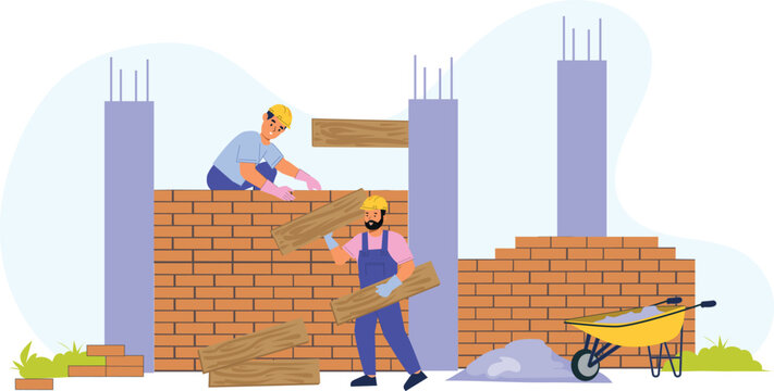 A vector illustration of workers at a construction site, including architects, engineers, and laborers, actively involved in project planning, with construction tools, blueprints, and machinery in the