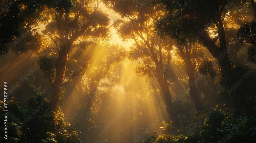 Poster a panoramic shot of towering trees with golden sunlight illuminating the greenery and creating a ser