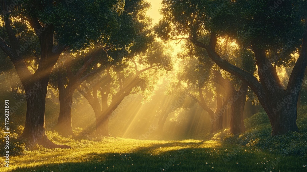 Poster a panoramic shot of towering trees with golden sunlight illuminating the greenery and creating a ser