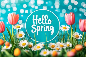 Bright tulips and daisies bloom against a vivid turquoise background with the Hello Spring message in the center