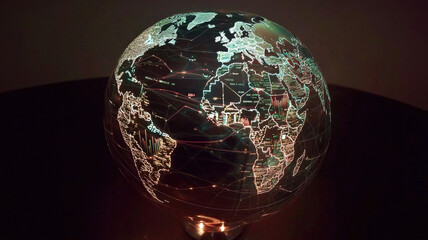 A rotating, transparent globe chart showcasing dynamic world map data with glowing lines and bars. Visual transitions highlight key statistics across continents, creating a futuristic