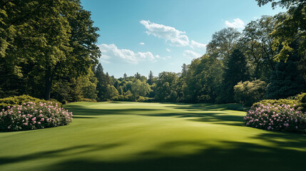 Blooming flowers contrast with lush green landscape under a clear blue sky
