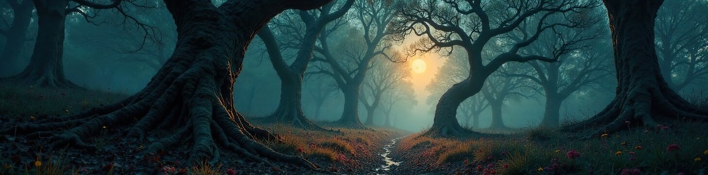 The only sound is the creaking of twisted tree trunks, twisted tree trunks, eerie atmosphere