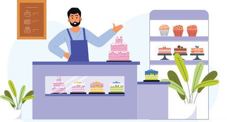 A charming illustration of a cake shop and bakery, displaying an array of sweet treats like cakes, pastries, and cookies, with a warm, inviting atmosphere and detailed bakery displays.
