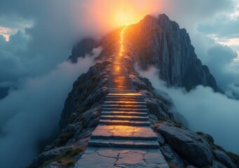 Majestic sunrise illuminating the stone path on a misty mountain top