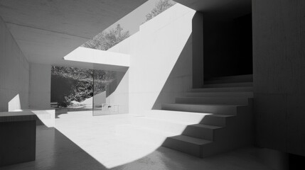 Obraz premium Sunlit minimalist modern concrete architecture courtyard.