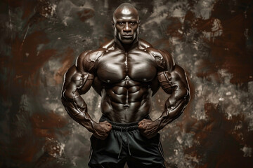 A muscular man stands in front of a wall with a blurry background