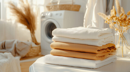 Cozy Aesthetic of Neat Stacked Shirts on White Table
