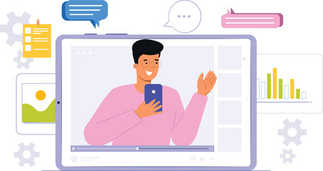 A dynamic online teaching illustration, highlighting innovative classroom ideas, featuring a teacher engaging students via video call, with interactive elements like digital whiteboards