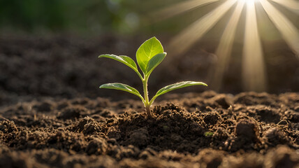 Fototapeta premium A vibrant green sprout emerges from the soil, symbolizing growth and new beginnings.
