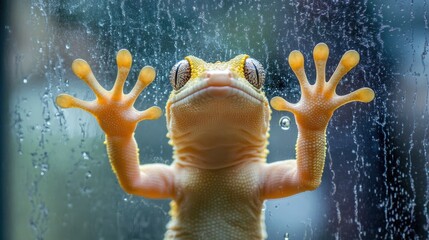 Cute gecko clinging to wet glass, looking directly at camera.