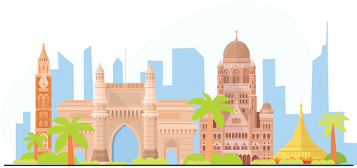 A Gateway to Mumbai illustration depicting the iconic Gateway of India, with intricate architectural details, the bustling waterfront, and boats in the foreground