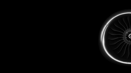 Jet engine front view isolated on black background. Close up of airplane engine during...