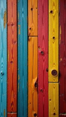 Fototapeta premium Wood planks in multiple colors laid flat on a wooden table, decorative wood, colorful wood planks, natural wood