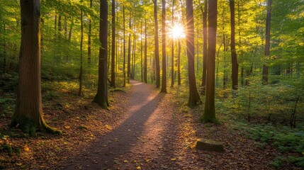 Fototapeta premium A serene forest path illuminated by sunlight, inviting exploration and tranquility.
