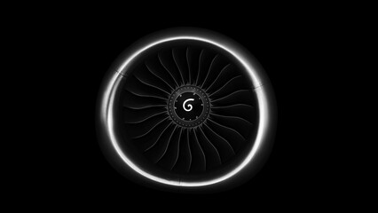 Jet engine front view isolated on black background. Close up of airplane engine during...