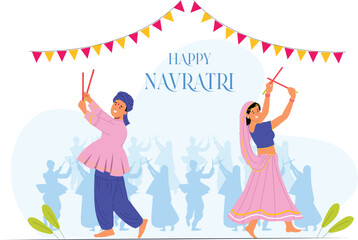 Obraz premium A Happy Navratri illustration showcasing a lively Garba dance celebration, with people dressed in traditional attire, dancing joyfully around a decorated circle